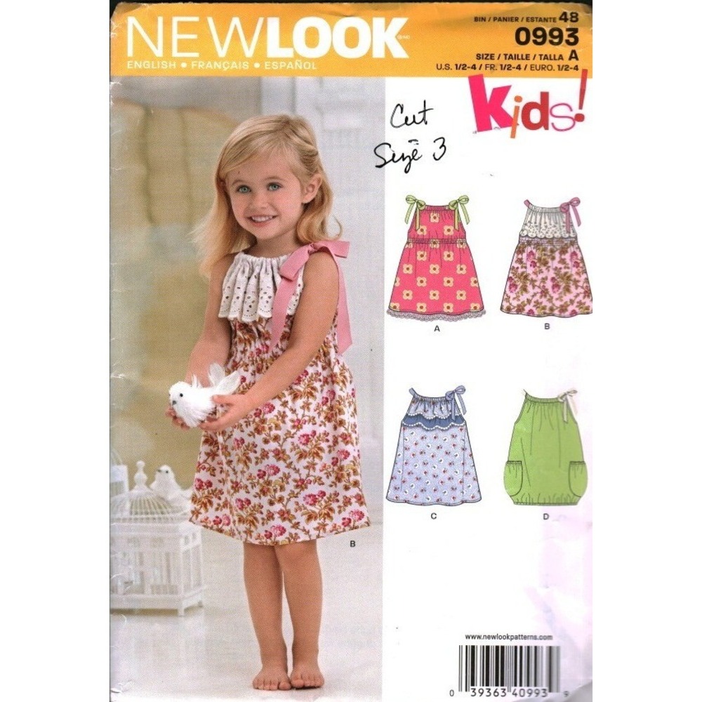 New Look 0993 Toddlers Dress Sewing Pattern Size 1/2-3 Kids Ruffle Ribbon Ties
